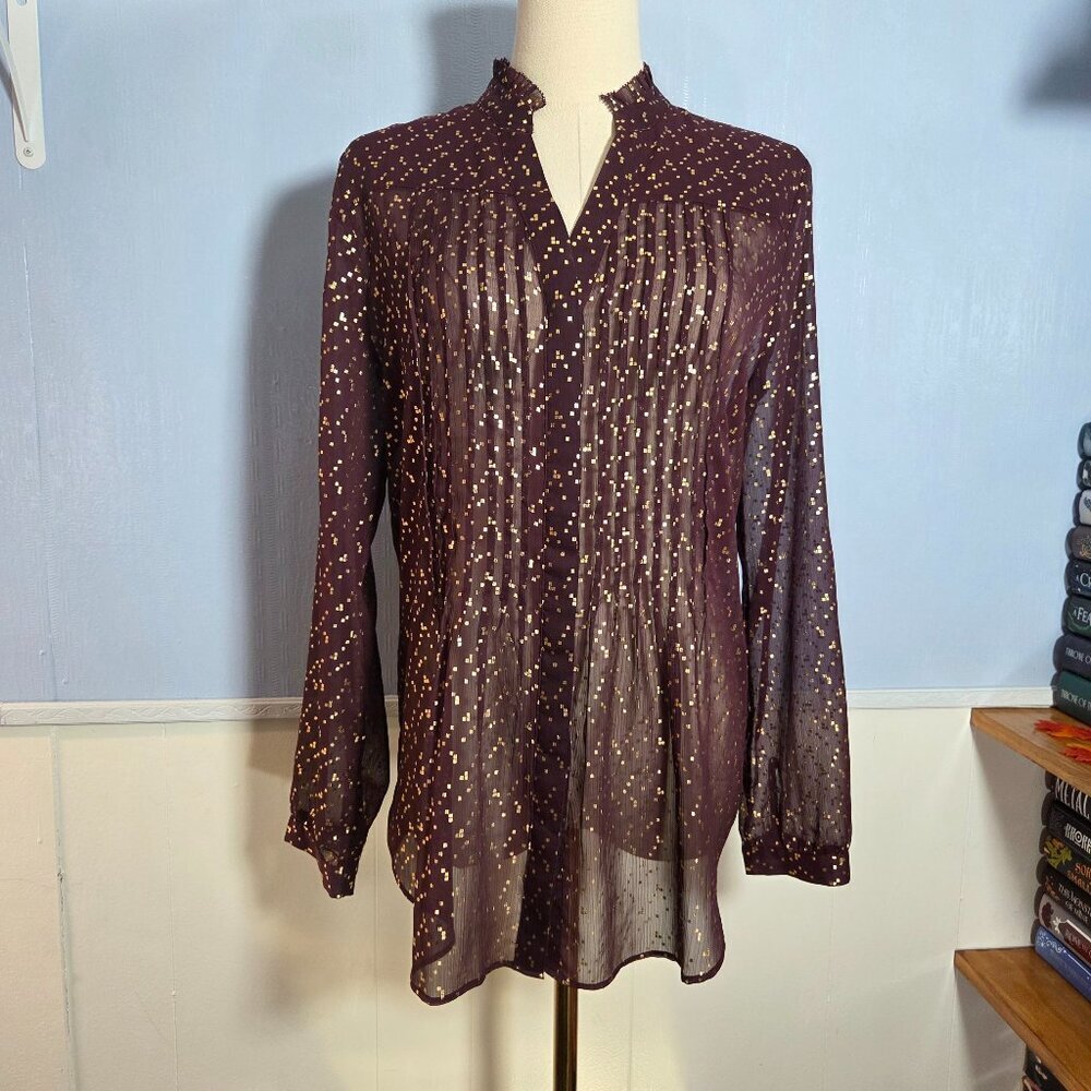 Chico's 0 (Small/4) Maroon Gold Accents Semi Sheer Longsleeve Holiday Blouse